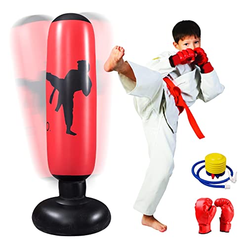 MEYDLL Boxsack Kinder, Aufblasbarer Boxsack,160cm Boxsack Stehend, Standboxsack mit Luftpumpe und Boxhandschuhen für Karate Kickboxen, Trainingsausrüstung, Geschenk für Jungen Mädchen (Rot) von MEYDLL