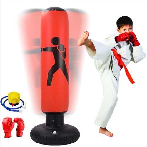 MEYDLL Boxsack Kinder, Aufblasbarer Boxsack,160cm Boxsack Stehend, Standboxsack mit Luftpumpe und Boxhandschuhen für Karate Kickboxen, Trainingsausrüstung, Geschenk für Jungen Mädchen (Rot-2) von MEYDLL