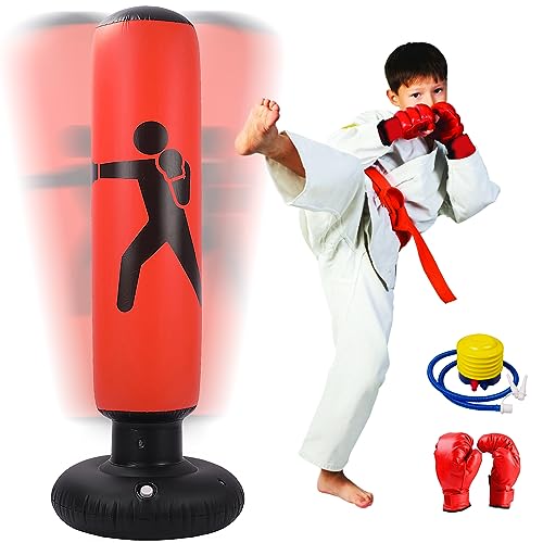 MEYDLL Boxsack Kinder, Aufblasbarer Boxsack,160cm Boxsack Stehend, Standboxsack mit Luftpumpe und Boxhandschuhen für Karate Kickboxen, Trainingsausrüstung, Geschenk für Jungen Mädchen von MEYDLL