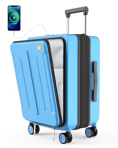 MGOB Koffer Handgepäck Trolleys Polycarbonat Reisekoffer Erweiterbar mit Vordertasche Hartschalen Leicht mit TSA USB und Externer Teleskopgriff,55x36x24cm(Blau) von MGOB