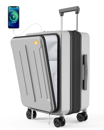 MGOB Koffer Handgepäck Trolleys Polycarbonat Reisekoffer Erweiterbar mit Vordertasche Hartschalen Leicht mit TSA USB und Externer Teleskopgriff,55x36x24cm(Silber) von MGOB
