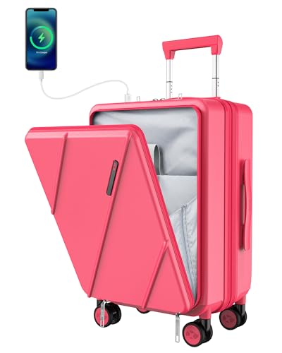 MGOB Koffer Trolleys Polycarbonat Handgepäck Reisekoffer Erweiterbar mit Vordertasche Hartschalen Leicht mit TSA USB und Externer Teleskopgriff, 55x36x24cm(Rosa) von MGOB