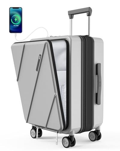 MGOB Koffer Trolleys Polycarbonat Handgepäck Reisekoffer Erweiterbar mit Vordertasche Hartschalen Leicht mit TSA USB und Externer Teleskopgriff, 55x36x24cm(Silber) von MGOB