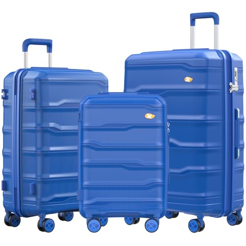 MGOB Koffer Set Polypropylen Hartschalen Reisekoffer Trolley Leicht mit TSA-Schloss 4 Rollen, Blau von MGOB