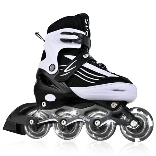 MGYZM Inliner für Kinder, größenverstellbare Inline Skates für Kinder, Erwachsene Mädchen und Jungen Inline Skates, Rollschuhe für drinnen und draußen, Schwarz und Weiß (Medium) von MGYZM