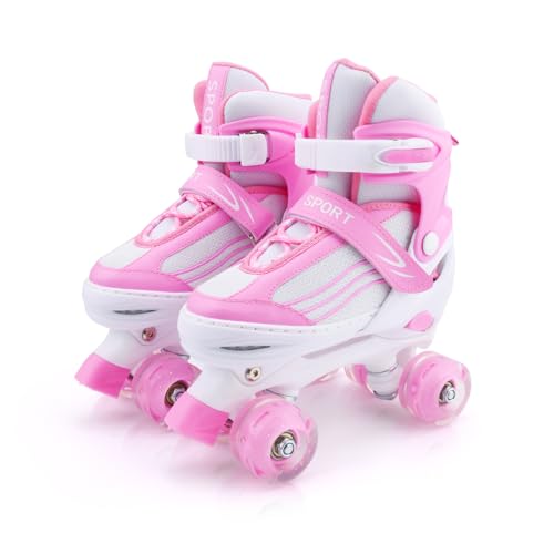 Rollschuhe für Mädchen & Jungen Verstellbare Kinder Rollschuhe mit leuchtenden Rädern, lustig Leuchtend für Jungen Mädchen, Rollschuhe für Kinder, geeignet für den Innen- und Außenbereich（Rosa Large） von MGYZM