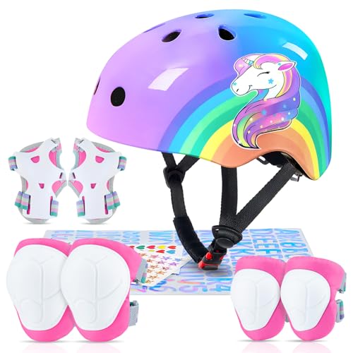 MHJY Helm Kinder Fahrradhelm für 3 4 5 6 7 8 Jahre Mädchen Verstellbar Skaterhelm Knieschoner Ellenbogenschützer Schoner Inliner Kinder Für Skates Rollschuhe Skateboard Fahrrad von MHJY