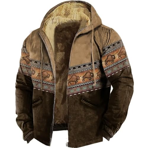 Herren-Kapuzenpullover Mit Reißverschluss – Tribal-Grafik, Bison-Muster, Bedruckt, Mit Fleece Gefüttert, Winter-Langarm-Sweatshirt, Lässig, Große Kapuzenjacke, Oberbekleidung, Wie Abgebildet, 4Xl von MIATCENRT
