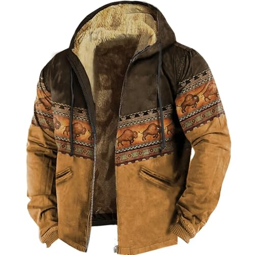Herren-Kapuzenpullover Mit Reißverschluss – Tribal-Grafik-Bison-Muster-Druck, Winterkleidung, Langärmeliges Sweatshirt, Winddicht, Warm, Übergröße, Kapuzenjacke, Oberbekleidung, Wie Abgebildet, M von MIATCENRT