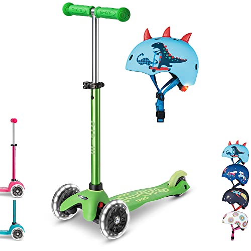 Mini micro™ Deluxe LED | Das ORIGINAL | Kinder Roller ab 2 Jahren | inkl. zertifiziertem Helm | Kinderroller von 2-5 Jahre | Kickboard Scooter | 2 3 4 5 Jahre (Roller: Grün/Helm: Scootersaurus, S) von MICRO