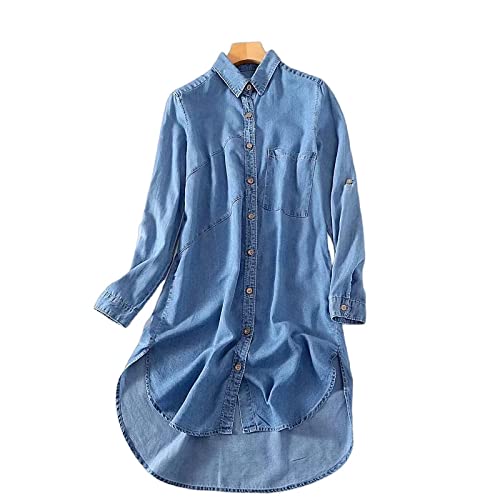 Bluse Elegant Damen Hemd, Elegante Jeansbluse für Damen, Lange Hemdjacke, Hoher, Niedriger Saum, Lange Ärmel, Lässige Blaue Jeanshemden, Brusttasche, Tunika, Blusen, Oberteile, Business-Hemd, Swe von MIDJ