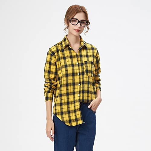 MIDJ Bluse Elegant Damen Hemd, Damenhemd Flanellhemd Retro Gelb Und Schwarz Karierte Hemden Jacke Langarmhemden Schicke Hemden Dicke Leichte Jacken Holzfällerhemden, L von MIDJ