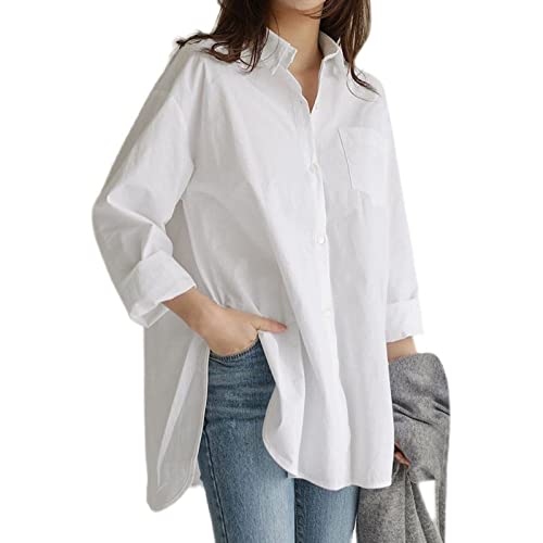 MIDJ Damenhemden,Damen Einfarbiges Langarmhemd Weiß Elegante Blusen Lässiges Baumwoll-Leinenhemd Button-Down-Hemden Oberteile Party-Oberteile Lässige Bürobluse Für Mädchen Damen,M von MIDJ