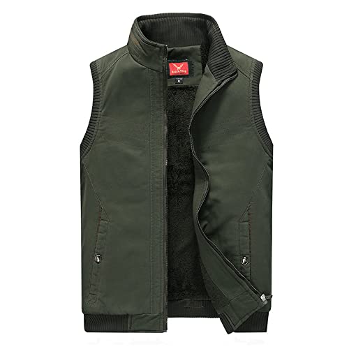 MIDJ Herren Winter Westen,Herren Winterfleece Gepolsterte Weste Knopf ArmyGreen Arbeitsweste Body Warmer Ärmellose Jacke Mit Tasche Anglerweste Steppweste Winddichte Herren Oberbekleidung Gilets, 5XL von MIDJ