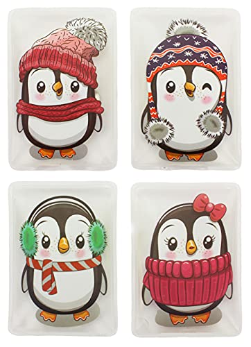 Handwärmer Taschenwärmer Sets wiederverwendbar, Wärmepad für kalte Tage und für unterwegs, Wärmeknickkissen mit tollen Motiven (4er-Set Colorful Penguins mit bunten Schals und Ohrenwärmern) von MIK funshopping