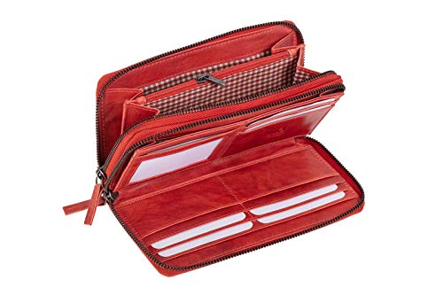 MIKA 42175 - Damengeldbörse aus Echt Leder, Portemonnaie im Querformat, Geldbeutel mit 9 Kartenfächer, 2 Scheinfächer und Münzfach mit Reißverschluss, Brieftasche in rot, ca. 19,5 x 10,5 x 3 cm von MIKA