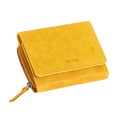 MIKA 42180 - Geldbörse aus Echt Leder, Portemonnaie im Querformat, Geldbeutel mit 6 Kartenfächer, 2 Einschubfächer, Scheinfach und Münzfach mit Reißverschluss, Brieftasche in gelb, ca. 11 x 9 x 3 cm von MIKA