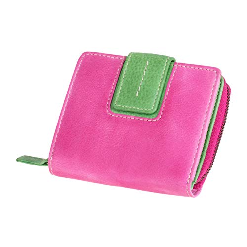 MIKA 42184 - Damengeldbörse aus Echt Leder, Portemonnaie im Hochformat, Geldbeutel mit 9 Kartenfächer, 2 Einschubfächer, 2 Scheinfächer und Münzfächer, Brieftasche in pink/grün, ca. 9 x 10,5 x 3 cm von MIKA