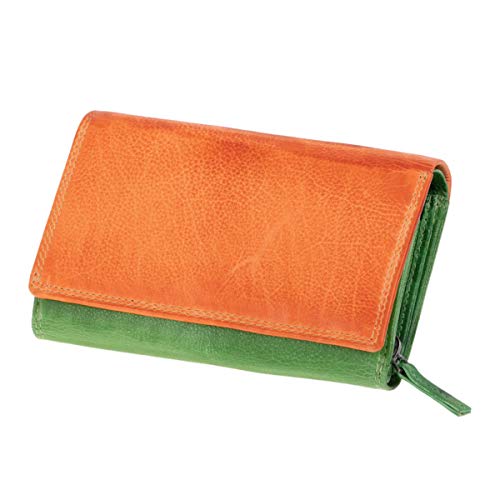 MIKA 42186 - Damengeldbörse aus Echt Leder, Portemonnaie im Querformat, Geldbeutel mit 12 Kartenfächer, Scheinfach und Münzfach mit Reißverschluss, Brieftasche in grün - orange, ca. 15,5 x 10 x 4 cm von MIKA