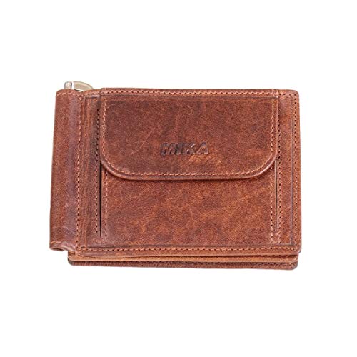 MIKA 42228 - Geldbörse aus Echt Leder, Portemonnaie im Querformat, Geldbeutel mit Geldklammer, RFID Schutz, 4 Kartenfächer, 3 Einschubfächer und Münzfach, Brieftasche in braun, ca. 11 x 8 x 2,5 cm von MIKA