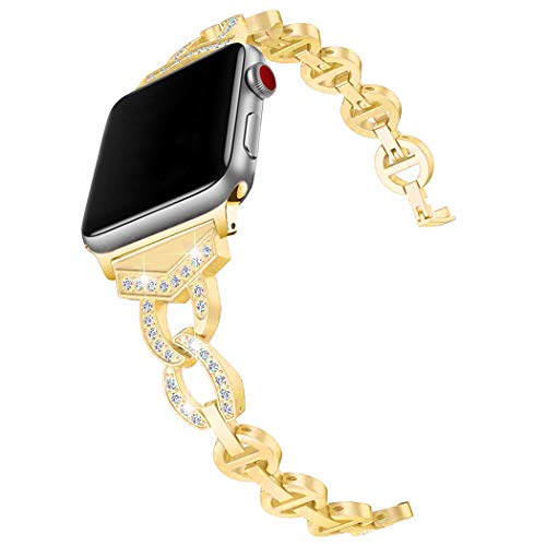 Ersatzarmbänder Kompatibel mit Apple Watch Serie 3 42mm Gold, Bling Edelstahl Uhrenarmband Glitzer Ersatz Armbänder Bracelet Kompatibel mit iWatch 42mm 44mm 45mm 49mm Serie Ultra/SE/9/8/7/6/5/4/3/2/1 von MILESTEM