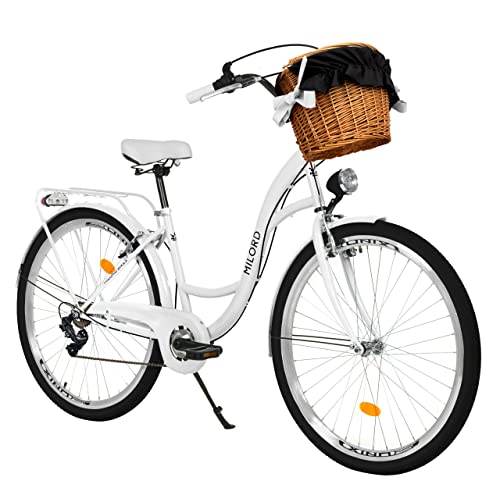 Damenfahrrad Citybike Komfort Mit Weidenkorb Hollandrad Vintage Fahrrad, 26, 28 Zoll, 7-Gang (Weiss, 26 Zoll) von MILORD