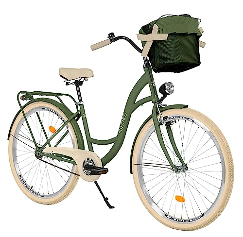 MILORD Damenfahrrad Citybike Komfort Mit Metallkorb Vintage Fahrrad, 26, 28 Zoll, 1-Gang (Khaki, 28 Zoll) von MILORD