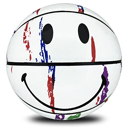 MINDCOLLISION Graffiti Smiley Basketball, Größe 5 und 7, verschleißfest, weiches PU-Leder, gute Griffigkeit. Ideal für Training im Innen- und Außenbereich und Wettkämpfe (4 Farben), Weiß, Nr. 5 von MINDCOLLISION