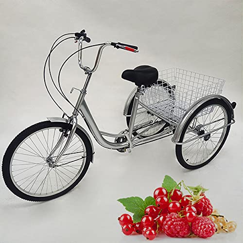 MINUS ONE Dreirad Für Erwachsene Erwachsenen Dreirad Fahrrad Mit 3 Rädern Seniorenrad Lastenfahrrad 24" 6-Gang-Schaltung Shimano mit Licht (Silber mit Licht) von MINUS ONE
