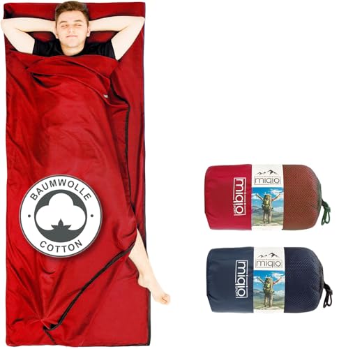 MIQIO® 2in1 Baumwoll-Hüttenschlafsack mit durchgängigem Reißverschluss (Koppelbar): Leichter Komfort Reiseschlafsack und XL Reisedecke in Einem - Sommer Schlafsack Innenschlafsack (Rot, Links) von Miqio