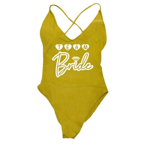 MITALITY Badeanzug Brautteam Swimwear Women Bikini Badeanzug Sommerbodysuit Rückenfreiem Monokini-dwhite146-golden-m von MITALITY