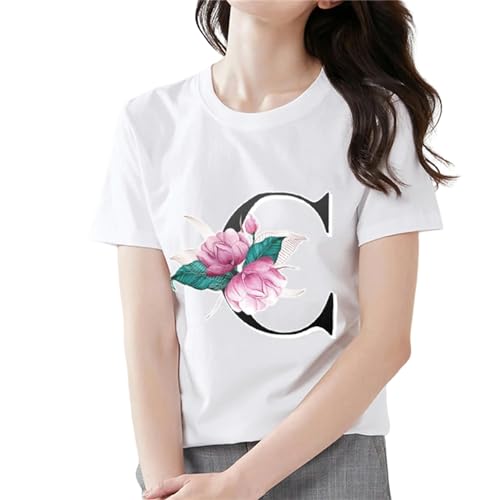 MITALITY T-Shirts für Damen Damenmode T-Shirt 26 Buchstaben Mit Blumendruck Top Klassisch Weiß T-Shirt Frauen Casual Rundhals Kurzarm-c-m von MITALITY