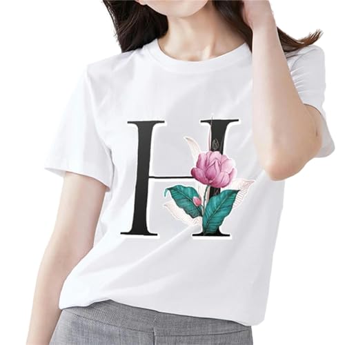 MITALITY T-Shirts für Damen Damenmode T-Shirt 26 Buchstaben Mit Blumendruck Top Klassisch Weiß T-Shirt Frauen Casual Rundhals Kurzarm-h-s von MITALITY