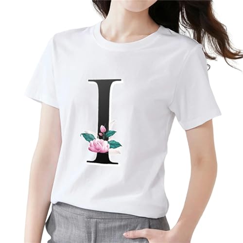 MITALITY T-Shirts für Damen Damenmode T-Shirt 26 Buchstaben Mit Blumendruck Top Klassisch Weiß T-Shirt Frauen Casual Rundhals Kurzarm-i-XL von MITALITY