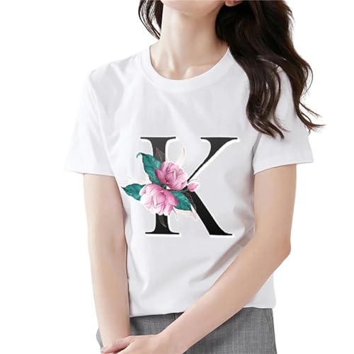 MITALITY T-Shirts für Damen Damenmode T-Shirt 26 Buchstaben Mit Blumendruck Top Klassisch Weiß T-Shirt Frauen Casual Rundhals Kurzarm-k-XL von MITALITY