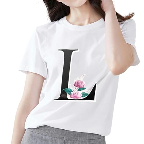 MITALITY T-Shirts für Damen Damenmode T-Shirt 26 Buchstaben Mit Blumendruck Top Klassisch Weiß T-Shirt Frauen Casual Rundhals Kurzarm-l-m von MITALITY