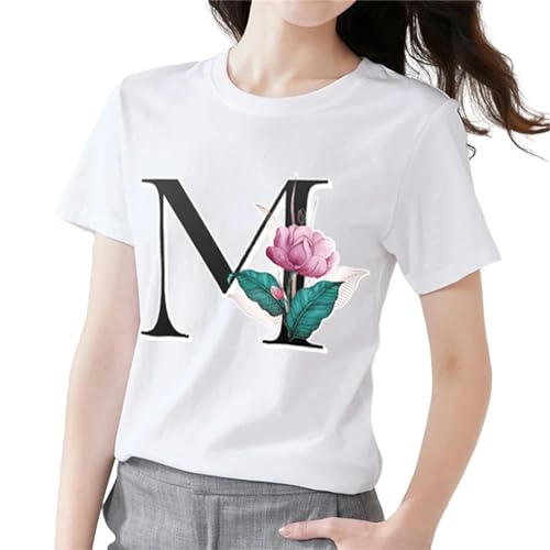 MITALITY T-Shirts für Damen Damenmode T-Shirt 26 Buchstaben Mit Blumendruck Top Klassisch Weiß T-Shirt Frauen Casual Rundhals Kurzarm-m-XL von MITALITY