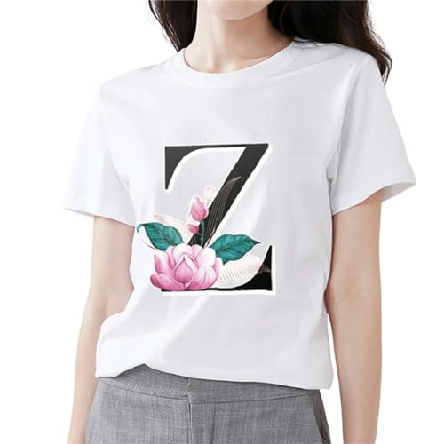 MITALITY T-Shirts für Damen Damenmode T-Shirt 26 Buchstaben Mit Blumendruck Top Klassisch Weiß T-Shirt Frauen Casual Rundhals Kurzarm-z-m von MITALITY