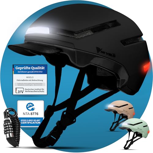 MIVELO Fahrradhelm Damen Herren Erwachsene mit Licht inkl. Helmschloss, NTA Zertifiziert bis 45km/h, Helm geeignet für E-Bike & S-Pedelec, Radhelm Ultraleicht & sicher, Unisex (Schwarz, L (57-61cm)) von MIVELO
