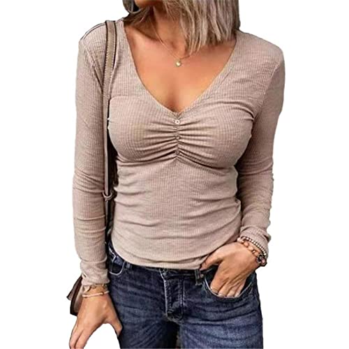 Damen Bluse Langarmshirt,Damen Langarm T-Shirts Modisch Einfarbig Khaki Gerippter Pullover Tunika Oberteile Herbst Sexy Schlank Gerüscht Button Up V-Ausschnitt Basic T-Shirt Blusen Sweatshirt Für von MIVY