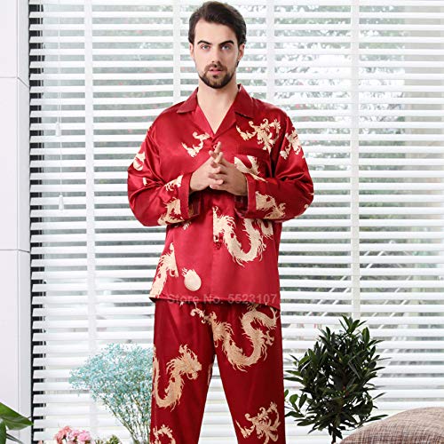 MIYAA Damen Pyjama Satin Schlafanzug Set,Damen Seidensatin Pyjama Set 2Pcs Langarm Hose Chinesischer Stil Neujahr Drachendruck Nachtwäsche Herren Paar Pyjama Loungewear (Rot),Herren,XXL von MIYAA