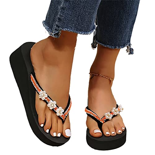 2023 Neu Flip-Flops Mit Perle Blumen Damen Plateau Keil Zehentrenner Sandalen Sommer Hausschuhe Indoor Outdoor Schlappen EVA Pantoffeln Slides Freizeit Strandschuhe ( Color : Orange , Size : 36 EU ) von MIYYO