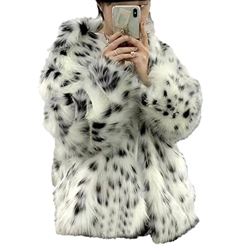 Kurz Kunstpelz Mantel Für Damen Y2K, Weißer Leopard Faux Fur Plüschjacke Verdicken Fashion Anzugkragen Coat Flauschige Lange Ärmel Outwear (Color : White, Size : L) von MIYYO