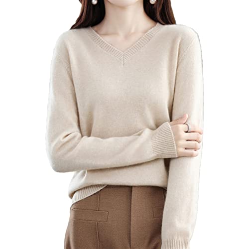 MIYYO Damen 100% Wolle Pullover Elegant V-Ausschnitt Sweatshirt Herbst Winter Langarm Warm Kaschmir Strickpullover Frauen Lässig Oversize Strickpulli (Color : Beige, Size : L) von MIYYO