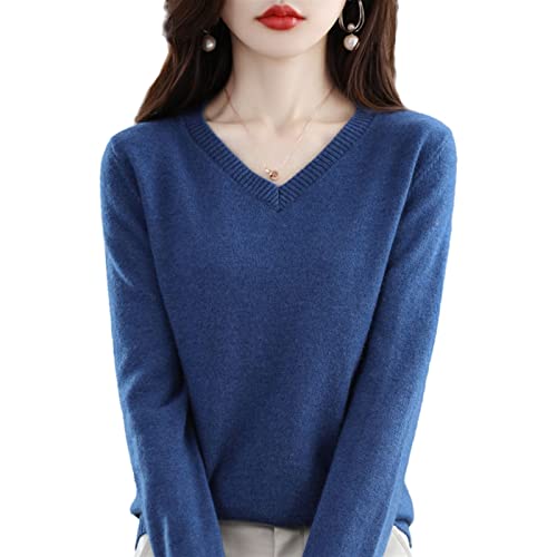 MIYYO Damen 100% Wolle Pullover Elegant V-Ausschnitt Sweatshirt Herbst Winter Langarm Warm Kaschmir Strickpullover Frauen Lässig Oversize Strickpulli (Color : Blue, Size : M) von MIYYO