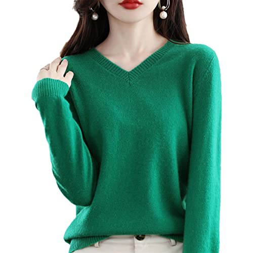 MIYYO Damen 100% Wolle Pullover Elegant V-Ausschnitt Sweatshirt Herbst Winter Langarm Warm Kaschmir Strickpullover Frauen Lässig Oversize Strickpulli (Color : Green, Size : XL) von MIYYO