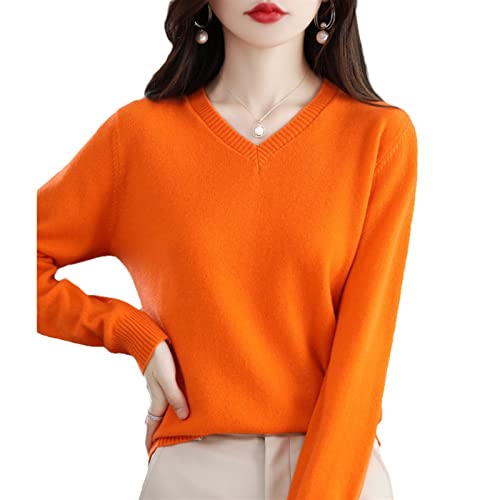 MIYYO Damen 100% Wolle Pullover Elegant V-Ausschnitt Sweatshirt Herbst Winter Langarm Warm Kaschmir Strickpullover Frauen Lässig Oversize Strickpulli (Color : Orange, Size : M) von MIYYO