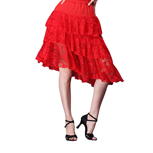 MIYYO Damen Latein Tanzröcke Für Training, Unregelmäßiger Dreilagiger Lace Skirt Für Rumba Samba Tango Jazz,Professionelle Dance Kostüm Für Wettbewerb (Color : Red, Size : L) von MIYYO