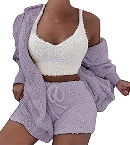 MIYYO Damen Plüsch 3-teiliges Pyjama Set Winter Frühling Warm Schlafanzug Coral Fleece Samt Nachtwäsche Kapuzenjacke Frauen Crop Tank Top Und Shorts (Color : 1 Purple, Size : M) von MIYYO