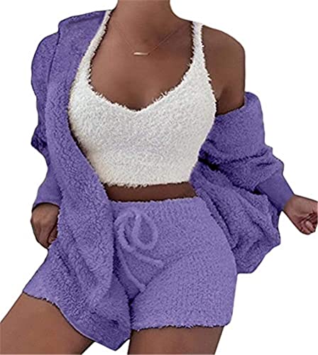 MIYYO Damen Plüsch 3-teiliges Pyjama Set Winter Frühling Warm Schlafanzug Coral Fleece Samt Nachtwäsche Kapuzenjacke Frauen Crop Tank Top Und Shorts (Color : 2 Purple, Size : 3XL) von MIYYO